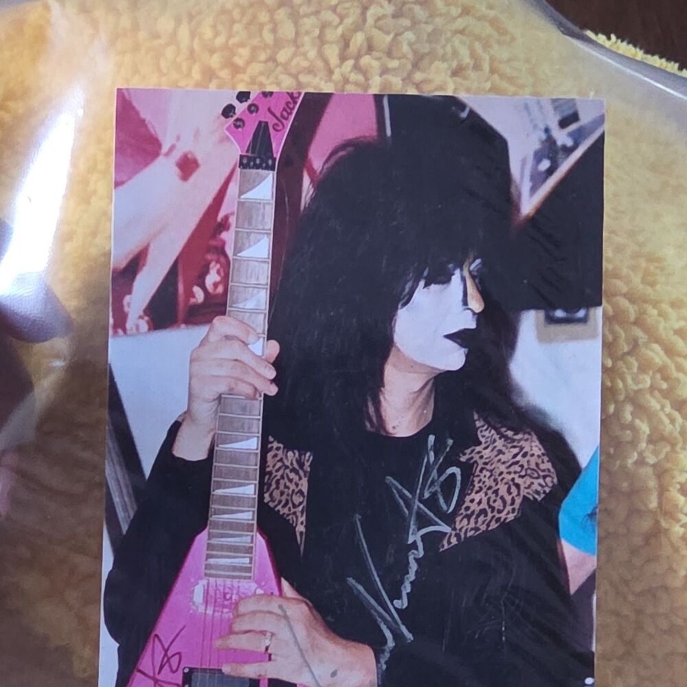 KISS Autographed 5x7 Photograph with Pink Guitar & Leopard Print Jacket
